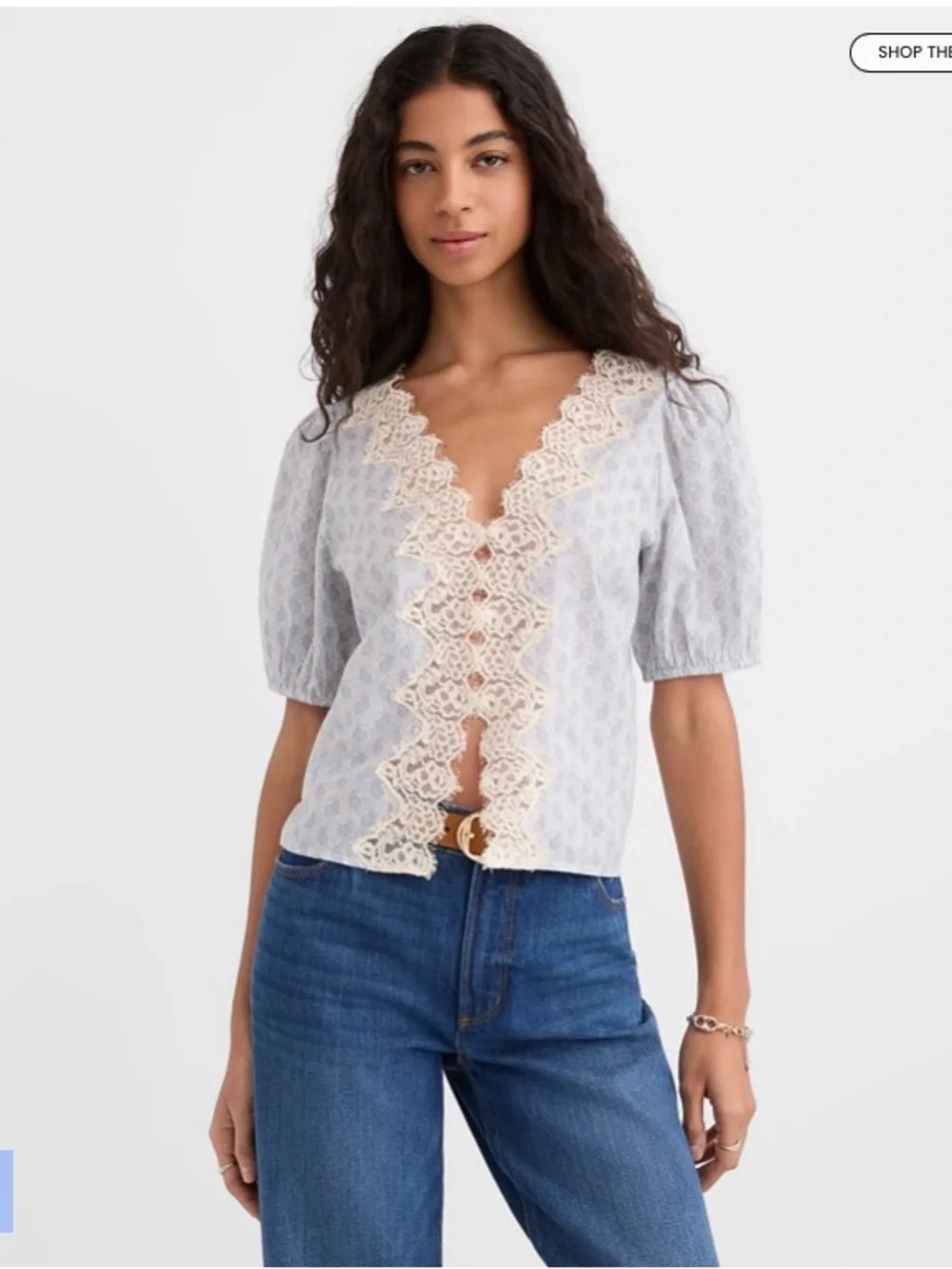 LOFT Size XS Soft White & Blue Paisley Eyelash Lace Short Puff Sleeve Blouse Top